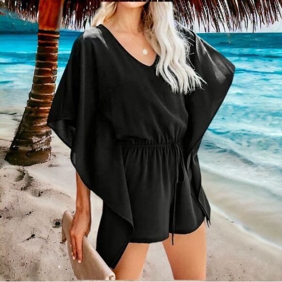 BUNDLE OF 2 SHEIN Black Rompers Kimono + Ribbed Halter Biker Shorts Unitard M - Picture 4 of 16